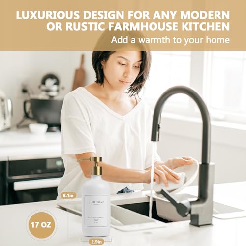 Soap Dispenser Bathroom - Kitchen Dish and Hand Soap Dispenser Set, Glass Bathroom Soap Lotion Dispenser with Pump, Tray, 14 Waterproof Labels, Set of 2 White Bottle/Gold Pump-pd - color: White Bottle/Gold Pump + Tray