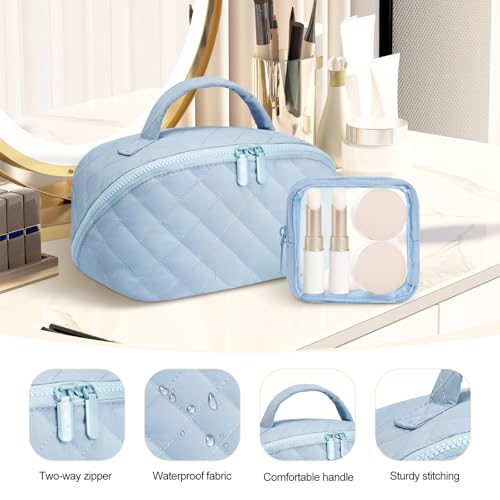 honitty Makeup Bag, Quilted Makeup Bag, Puffy Travel Make up Bags, Cosmetic Organizer Bag, Waterproof Toiletry Bag for Women - color: Blue