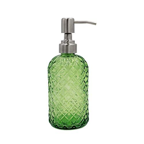 16 oz Diamond Pattern Glass Soap Dispenser, Kitchen and Bathroom Refillable Soap Dispenser with Rust Resistant Stainless Steel Pump for Hand Soap, Lotion Glass Liquid Dispenser(Green) - color: Green
