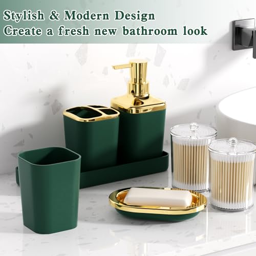 XLHOMO Green and Gold Bathroom Accessories Set, Bathroom Sets with Shower Curtain, Green Bathroom Accessories with Trash Can, Soap Dispenser, Soap Dish, Toilet Brush Holder, Qtip Holders - color: Plaid Green & Gold, size: Complete Set