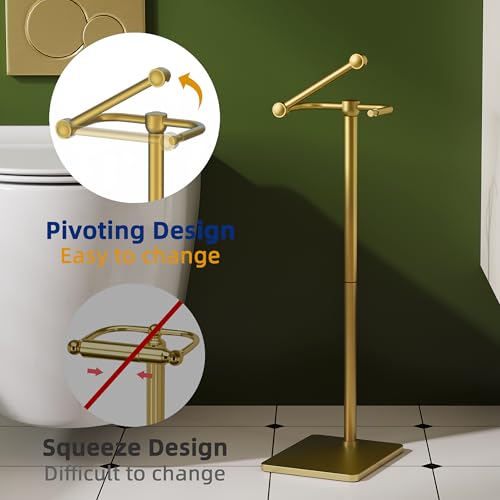 RUACQ Toilet Paper Holder Stand, Bathroom Toilet Paper Roll Holder Free Standing, Toilet Tissue Holder Stand with Post Pivoting Design, Stable Weighted Base, SUS304 Stainless Steel (Brushed Gold) - color: Brushed Gold, size: Free Standing