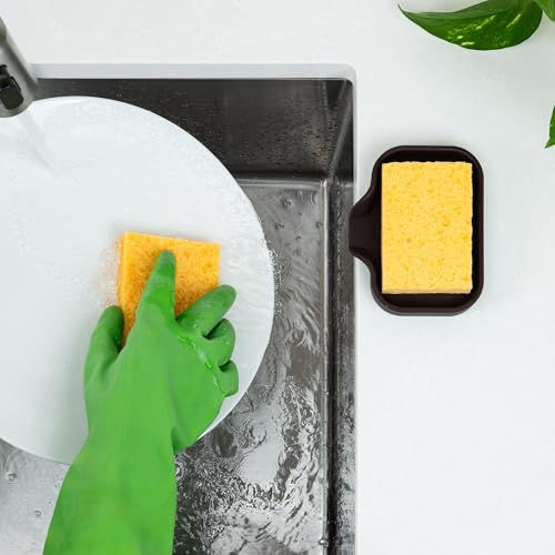 Zulay Kitchen Small Silicone Sponge Holder (4.9x3.3”) – Space-Saving Sink Organizer Tray for Sponge, Soap, Brush & More – Compact Non-Slip Dish for Kitchen & Bathroom (Chocolate) - color: Chocolate (Small), size: Small (4.9x3.3)