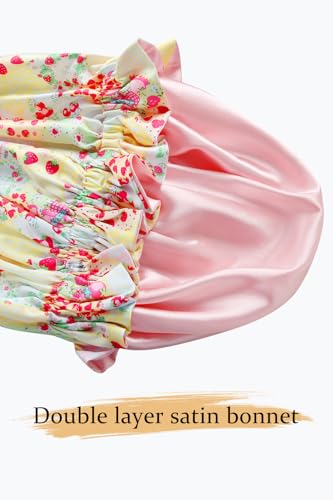 Floral Satin Bonnet with Scrunchie Set,Double Layer Ruffle Reusable Sleeping Shower Cap for Curly Hair Yellow-strawberries - color: Yellow-strawberries