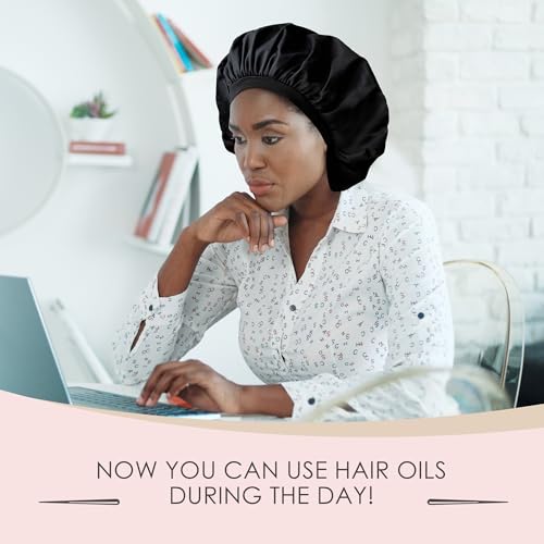Reusable Oil Proof Nightcap, Protective Hair Bonnet and Shower Cap, Leakproof, Oilproof, and Waterproof, Black, Now 2 Sizes! - size: Medium-Large