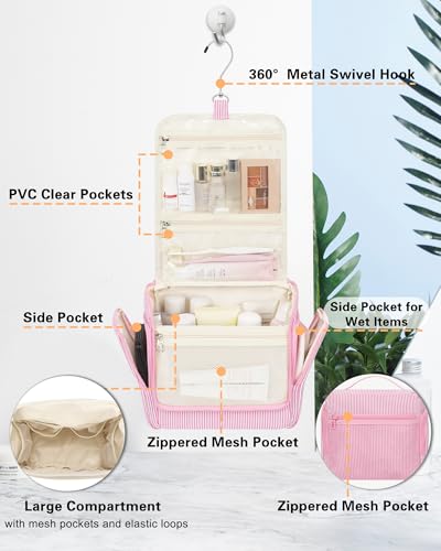 Relavel Hanging Toiletry Bag for Women, Travel Makeup Bag Cosmetic Organizer Toiletries Shower Bag for Travel Essentials, Accessories, Cute Gifts for Girls, Pink - color: Pink
