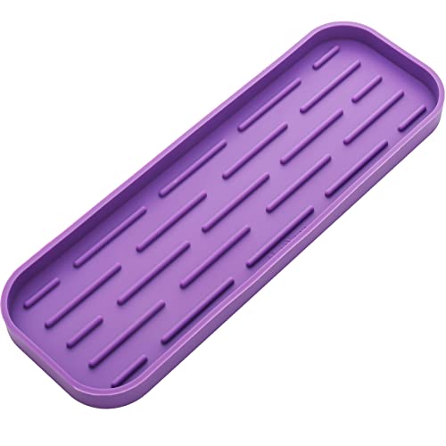 MicoYang Silicone Kitchen Sink Organizer Tray for Multiple Usage,Eco-Friendly Sponges Holder for Kitchen Bathroom Counter or Sink,Dish Soap Dispenser,Scrubber,Bottle,Cup (Purple, 12"×4") - color: Purple, size: 12" x 4" x 0.7"