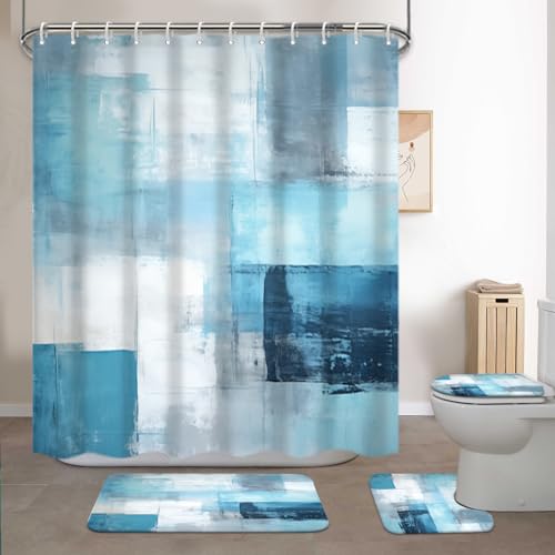 Lnond 4Pcs Bathroom Shower Curtain Sets with Rugs,Turquoise White Painting Art Bathroom Sets with Shower Curtain and Rugs and Accessories - color: Turquoise White
