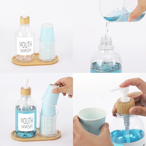 Mouthwash Dispenser with Cup Holder, Plastic Mouth Wash Pump Bottle with Tray for Bathroom Organizers, 17oz Refillable Clear Mouthwash Container - Bamboo - color: Group a - Clear