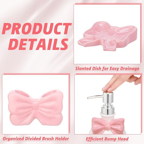 Pink Cute Ceramic Bathroom Accessories Set 3 Pcs - White Bowknot Soap Dispenser, Toothbrush Holder, Soap Dish - Modern Coquette Preppy Bathroom Decor & Apartment Essentials (Classic) - color: Pink