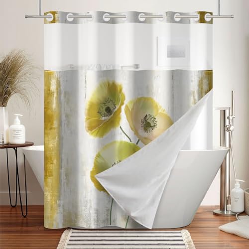 No Hook Floral Shower Curtain and Liner Set 71x74inch | Spring Yellow Poppy Flower Pattern, Modern Waterproof Fabric Bath Tub Curtain for Farmhouse Bathroom, Breathable Mesh Top - color: Yellow 04