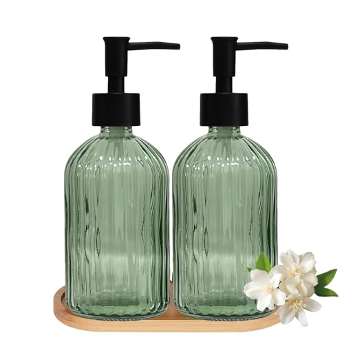 Glass Hand and Dish Soap Dispenser Set of 2 with Plastic Pumps, Bamboo Tray, 13.5oz Green Bathroom Soap Dispenser with Vertical Stripe for Hand Wash & Dish Wash, Ideal for Bathroom Kitchen Countertop - color: Green