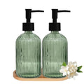 Glass Hand and Dish Soap Dispenser Set of 2 with Plastic Pumps, Bamboo Tray, 13.5oz Green Bathroom Soap Dispenser with Vertical Stripe for Hand Wash & Dish Wash, Ideal for Bathroom Kitchen Countertop - color: Green