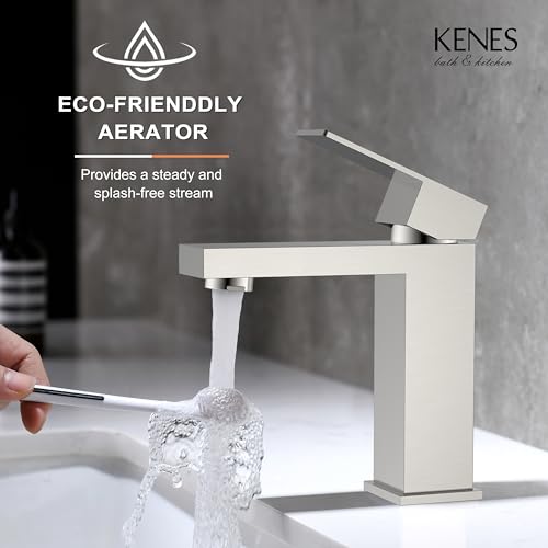 KENES Single Handle Bathroom Sink Faucet, Brushed Nickel Vanity Faucet for Bathroom Sink, with Pop Up Drain Stopper & Water Supply Lines LJ-9031 - color: Brushed Nickel, size: Short