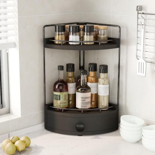 2-Tier Corner Bathroom Counter Organizer with Drawer & Embedded Screw Holes - Wooden Countertop Organizers for Skincare, Makeup Storage, Bathroom Sink Counter Shelf for Vanity, Kitchen, Black - color: Black