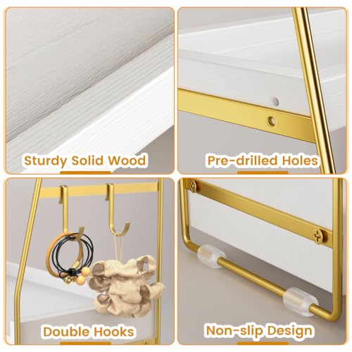 2-Tier Bathroom Counter Organizer with Drawer and Basket, Wood Vanity Countertop Storage for Perfume, Makeup, Skincare, Bathroom Counter Shelf, 13" x 7.9" x 14.5", White Gold - color: White Gold