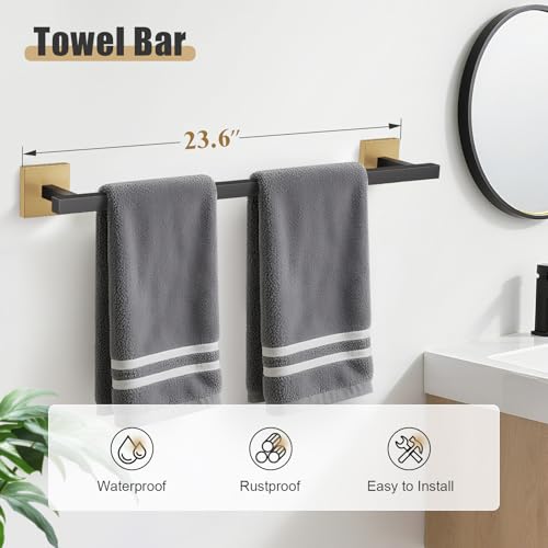 YACVCL 5-Pieces Black and Gold Bathroom Hardware Accessories Set Stainless Steel Bathroom Towel Bar Set Towel Holder Set for Bathroom,Upgraded Toilet Paper Holder with Shelf,Wall Mounted 23.6" - color: Black&gold, size: 5Pcs