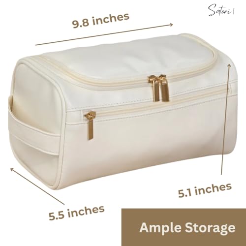 Travel Toiletry Bag – Soft Vegan Leather, Waterproof Hanging Design with Hook, – Cream White with Gold Accents, Full Size