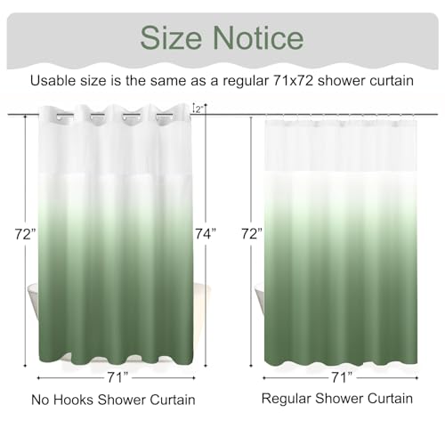 No Hook Shower Curtain with Snap in Liner, Ombre Green Shower Curtains and Liner Set, Hotel Fabric Bath Curtain for Bathroom, Mesh Top Window Waterproof Washable, 71" x 74" - color: Ombre Green, size: 71"W x 74"L (Pack of 1)
