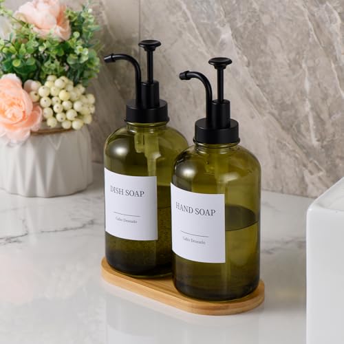 Glass Soap Dispenser with Pump, Dish and Hand Soap Dispenser for Kitchen Bathroom Set, Clear Glass Dispenser Set of 2 Pack with 18 Stickers Funnel Bamboo Tray 500ml 18oz Green - color: Glass Olive Green