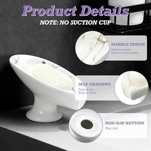 Self-Draining Soap Dish for Shower, Bathroom & Kitchen - White Ceramic Soap Holder with Gold Marble Pattern, Keeps Soap Dry, Easy to Clean