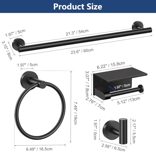 TQKAG 5 Piece Bathroom Towel Bar Holder Sets Matte Black Bathroom Hardware Set Stainless Steel Toilet Paper Holder with Shelf Bathroom Accessories Kit Wall Mounted - color: Matte Black, size: 5-Pieces Set-A