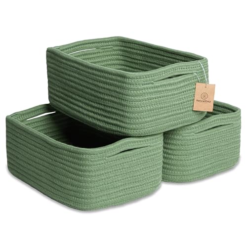 NaturalCozy 11.8"x8"x4.5” Rectangle Storage Baskets for Shelves 3 Pack | Cotton Rope Woven Small Baskets for Organizing | Small Storage Bins for Nursery, Bathroom, Closet, Shelf, Decorative, Gift - color: Green, size: 11.8" x 8" x 4.5"