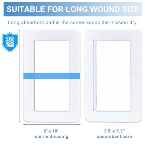 30 Pack 6"x10" Waterproof Adhesive Island Dressing for Post-Surgery Recovery | Sterile Bordered Gauze Bandages with Non-Stick Pad for Knee/Hip Replacement, Surgical Incision Care & Shower Protection - size: 6x10 in