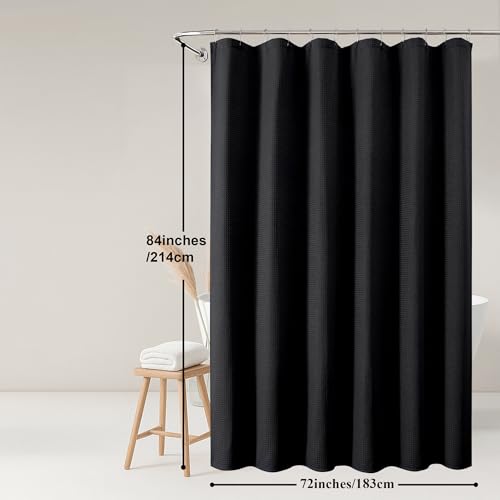 OWENIE Black Shower Curtain 84 Inches Extra Long, Waffle Weave Heavy Fabric Shower Curtain for Bathroom, Waterproof Soft Hotel Spa Luxury Elegant Bath Curtains, Machine Washable, Black, 72x84 Inch - color: Black, size: 72"W x 84"L (Pack of 1)