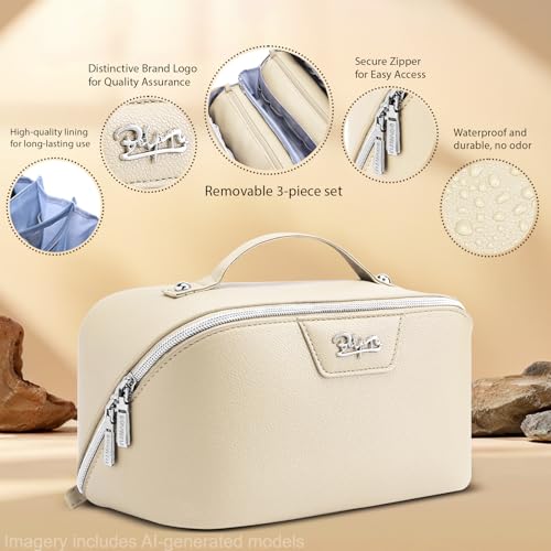 BOYATU Travel Makeup Bag Cosmetic Bags for Women: Large Capacity 3 Pcs Set Make up Bag with Compartments - Waterproof Vegan Leather Toiletry Organizer Bags with Handle (L27Off-white) - color: L27Off-white