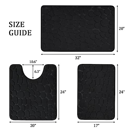 YIHOUSE Bathroom Rugs Mat Set, Memory Foam Bath Mat 3 Piece Black | U Shape+Small Mat, Non Slip, Water Absorbent, Washable, Bath Mat For Bathroom, Sink and Toilet - color: Black, size: 2'8" x 1'8" (Rectangular)