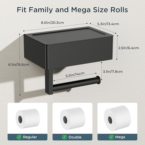 FORIOUS Toilet Paper Holder with Shelf, Sanitary Napkin Receptacle Tampon Holder, Wall Mount Toilet Paper Holder with Storage, Flushable Wipes Dispenser Fits for Bathroom Commercial(1, Matte Black) - color: Matte Black, size: 1 Pack-8" (L)