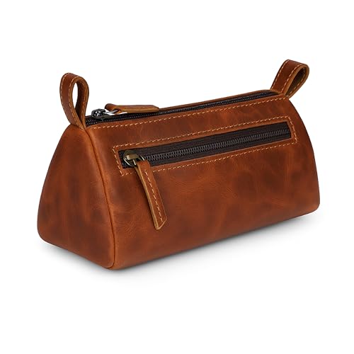 Leather Makeup Bag for Women – Genuine Leather Cosmetic Bag Travel, Handmade Zippered Makeup Pouch, Small Toiletry Bag, Shaving Kit & Stationery Organizer- Tan - color: Tan