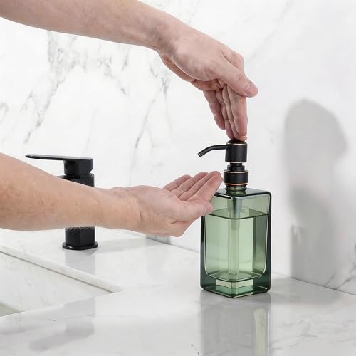 13.5 Oz Green Glass Soap Dispenser with Rust Proof Stainless Steel Pump, Antique Design Refillable Square Lotion Dispenser for Bathroom, Premium Kitchen Hand Soap (Oil Rubbed Bronze) - color: Gree +Oil Rubbed Bronze
