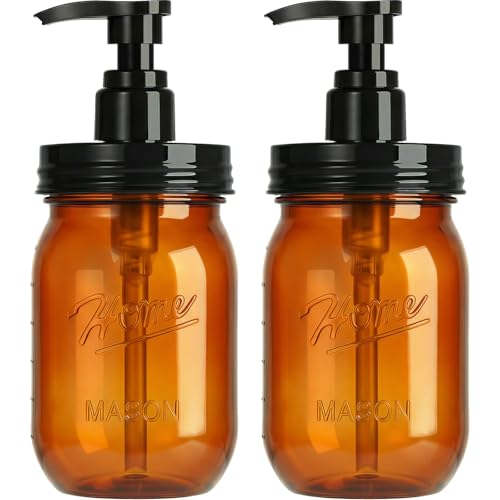 Amolliar Plastic Mason Jar Soap Dispenser with Pump Lid,16OZ Refillable Hand Soap Dispenser Set with Cute Lables - Farmhouse Decor for Kitchen Bathroom, Liquid Soap, Dish Soap, Lotion (2 Pack, Amber) - color: Amber Jar With Black Pump