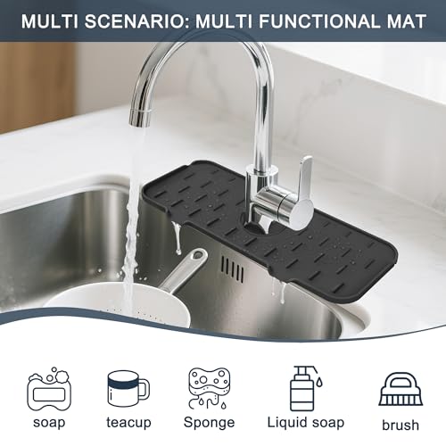 Gosmol Kitchen Faucet Sink Splash Guard - Faucet Guard & Draining Mat Black | Silicone water catcher mat, Sink drain pad behind fauce; Sink rubber mat, Faucet Mat, kitchen bathroom protect around faucet - color: Black