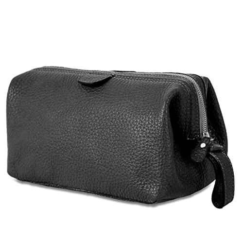 KomalC Premium Buffalo Leather Toiletry Bag for Men & Women With Water resistant Lining, Grooming Travel Pouch, Unisex Wash Bag for Toiletries, Gifts for Men and Women - color: Black