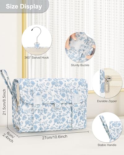 Hanging Toiletry Bag, Travel Toiletries Bag with Hanging Hook, Water Resistant Makeup Cosmetic Organizer for Full Sized Container, Shampoo, Portable Wash Bag for Travel Size Essentials - Blue Flower - color: 01 Blue Flower, size: Large