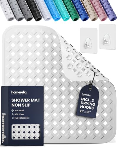 homerella® Shower Mat Non Slip Anti Mold, Non Slip Shower Mats for Inside Shower Stall Anti Slip Mat, Square Shower Floor Mat 21 x 21 in with Suction Cups & Hooks for Quick Drying, Machine Washable - color: White
