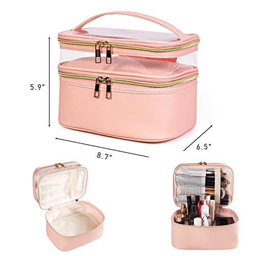 Pink Makeup Bag, Leather Double Layer Makeup Bag,Travel Accessories Toiletry Bag for Women,Travel Essentials Cosmetic Bag - color: 00-Pink