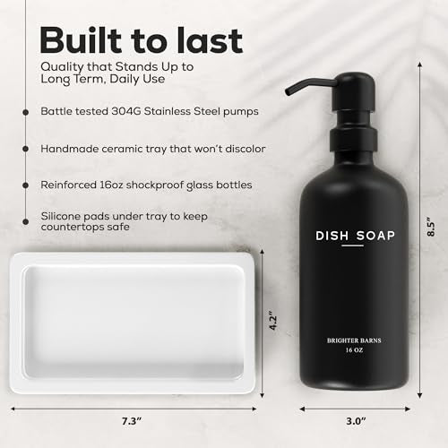 Luxury Glass Hand and Dish Soap Dispenser Set by Brighter Barns - Kitchen Soap Dispenser Set with Tray for Kitchen, Home or Restaurant - Modern Farmhouse Kitchen Decor (Black/White) - color: Black White Hd