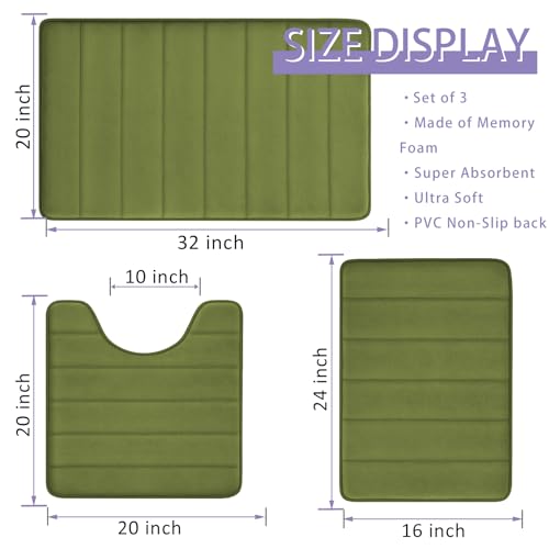 RUN HELIX Sage Green Bathroom Rugs Sets 3 Piece Memory Foam Non Slip Bath Mats for Bathroom Floor and U-Shaped Contour Toilet Rug, Soft Washable Bathrom Sets Mats and Rugs Sets for Toilet Shower Sink - color: Sage Green