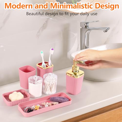 Bathroom Accessory Set,9 Pieces Pink Bathroom Accessories Set with Trash Can, Toothbrush Holder, Soap Dispenser, Toothbrush Cup, Vanity Tray, Soap Dish, Toilet Brush, Qtip Holder - color: Pink