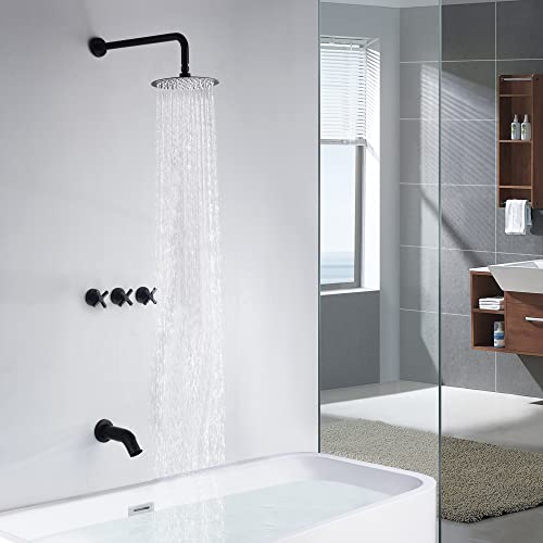 SUMERAIN Matte Black 3 Handle Tub Shower Faucet Set | Waterfall Tub Spout, With Brass Rough in Valve, 8 Inches Rain Shower Head, Modern Design - color: Matte Black
