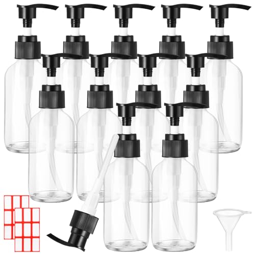 Tanlade 12 Pcs Glass Pump Bottle Dispenser 4 oz Travel Bottles with Pump Refillable Glass Containers for Toiletries Lotion Liquid Soap Shampoo Essential Oils Cosmetic Travel Accessories(Clear) - color: Clear