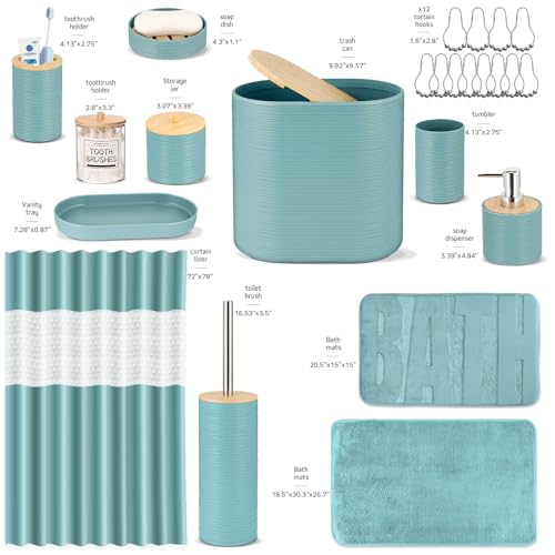 IMAVO Blue Bathroom Set,26Pcs Bathroom Accessories Set with PVC Shower Curtain,Rugs,Trash Can,Tray,Soap Dispenser,Soap Dish,Toothbrush Holder,Toothbrush Cup,Toilet Brush Holder and Qtip Holders - color: Blue, size: 26 PCS Bathroom Set+PVC Shower Curtain+R