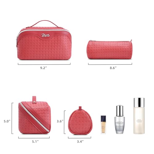 BOYATU Travel Makeup Bag Cosmetic Bags for Women: Large Capacity 3 Pcs Set Make up Bag with Compartments - Waterproof Vegan Leather Toiletry Organizer Bags with Handle (L54Rose) - color: L54Rose