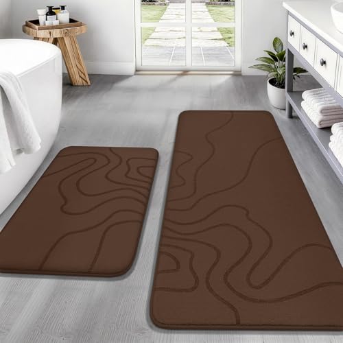 YIHOUSE Memory Foam Bathroom Rugs Sets 2 Piece - Extra Thick Ultra Soft Absorbent Bath Mat Set, Non-Slip Machine Washable Bath Rugs for Bathroom, Tub & Shower, Home Decor (17"x24"+20"x46", Coffee) - color: Coffee, size: 1'5" x 3'10" (17"x24"+20"x46")