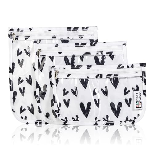 HIONXMGA TSA Approved Toiletry Bag, Set of 3 Clear Travel Toiletry Bag Quart Size Zipper Travel Pouch, Waterproof Makeup Cosmetic Bag for Women Men Kids Toiletries Carry on, Hearts - color: Hearts, Mixed Sizes
