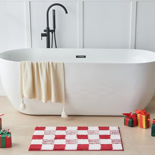 CozeCube Bath mats for Bathroom Non Slip, Fluffy Absorbent Microfiber Bath mat Washable, Aesthetic Bathroom Rugs, Cute Christmas Red Checkered Bath mat, Christmas Red, 32" x 20" - color: Checkered-christmas Red, size: 2'8" x 1'8" (Rectangular)