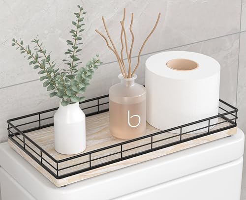 Toilet Paper Basket Organizer, Ash Wood Toilet Tank Tray with Metal Frame | Bathroom Counter Top Storage for Toilet Paper, Wipes & Decor, Modern Narrow Back of Tank Shelf Organizer, Black & Whitewashed - color: Black & Whitewashed, size: 13" x 6.5" x 2"